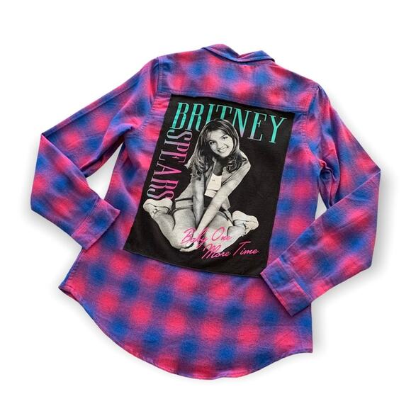 Via Penny Lane Reworked Apparel | Britney Spears Graphic Button Up Flannel Shirt - Picture 1 of 12
